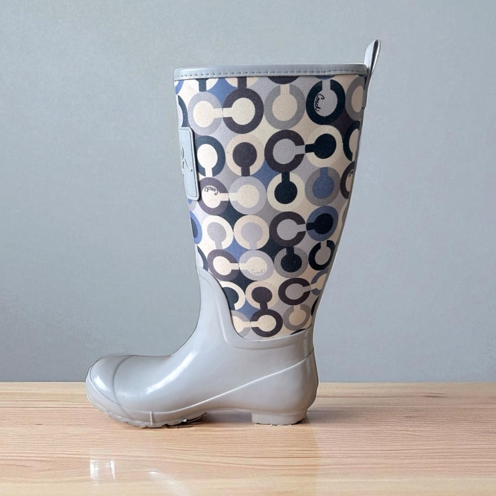 COACH Boots Women’s “Signature C” Tall Rain  Boot Gray Blue Cream Pearl Size 7B